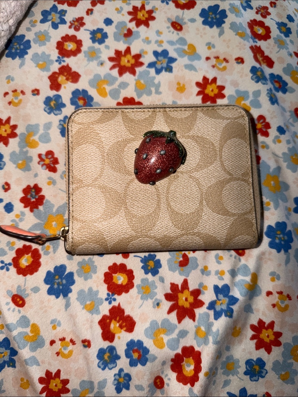 Coach Beige Signature Zip Wallet with Pink Strawberry Accent